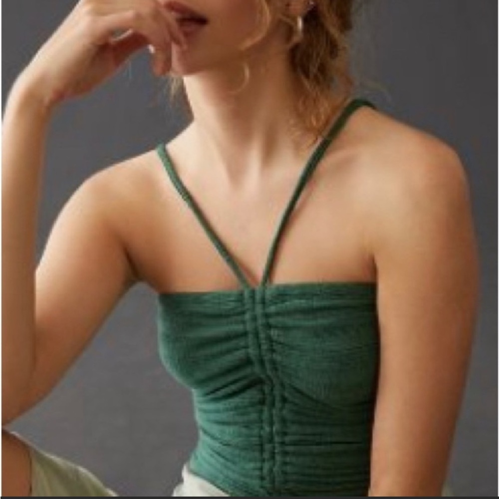 NWT Anthropologie Pilcro Ruched Ribbed Halter Top - Green - size XXS - Picture 2 of 14